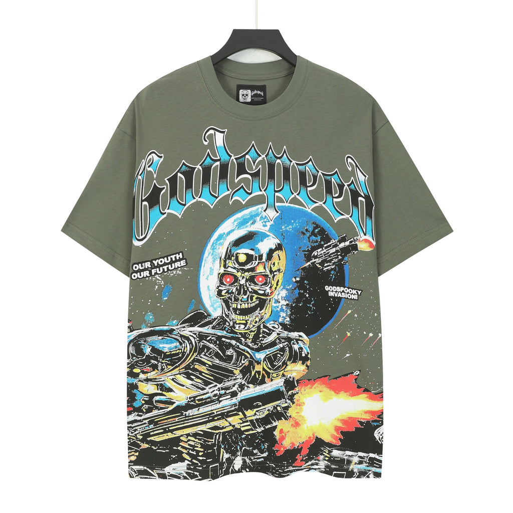Godspeed Terminator Robot Skeleton Space Short Sleeve Tee (Olive Green)
