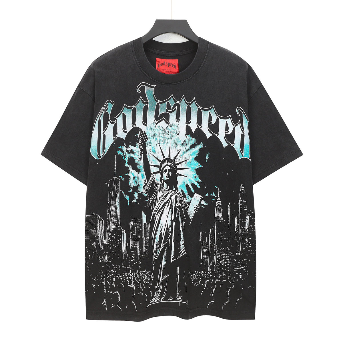 Godspeed Liberty Statue Crowd NYC Short Sleeve Tee (Washed Black)