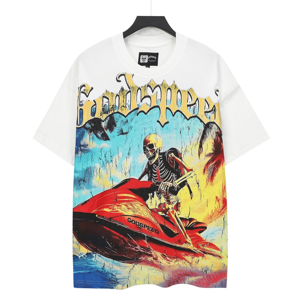Godspeed Skeleton Jet‑Ski Summer Vintage Short‑Sleeve Tee (White)