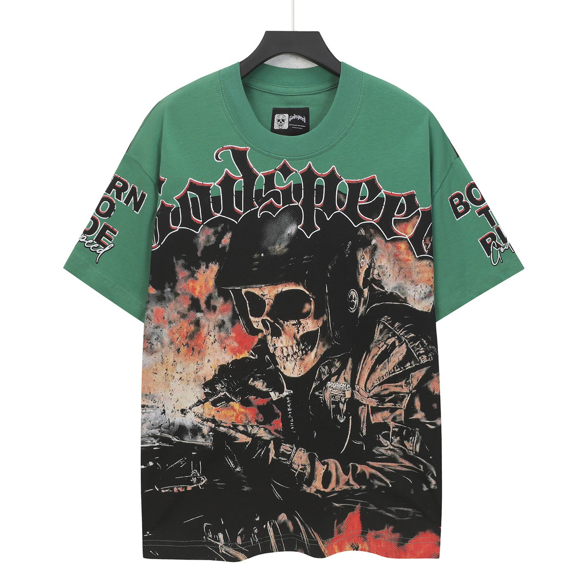Godspeed Skeleton Biker Vintage Short‑Sleeve Tee (Green)
