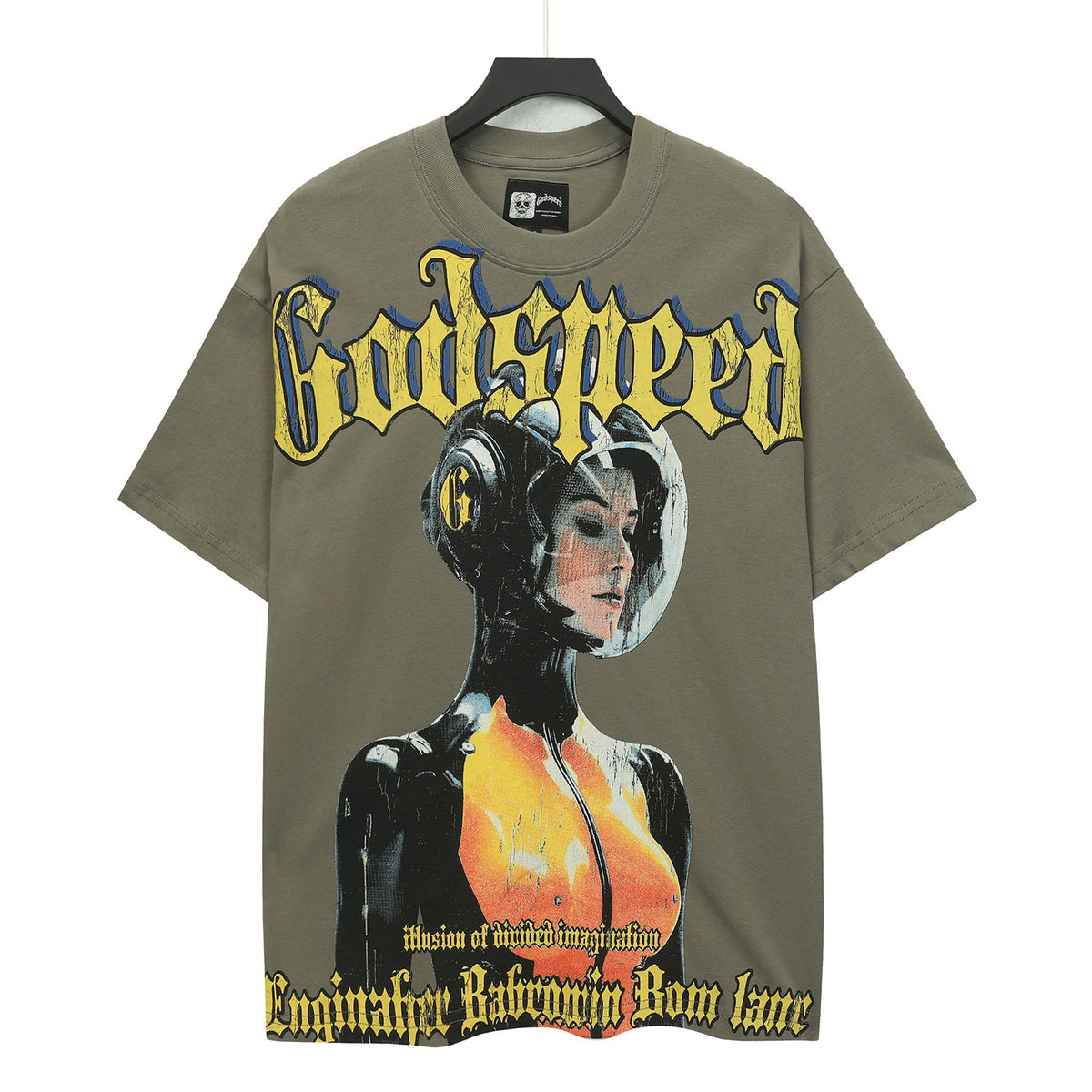Godspeed Retro Female Astronaut Sci‑Fi Short Sleeve Tee (Olive Green)