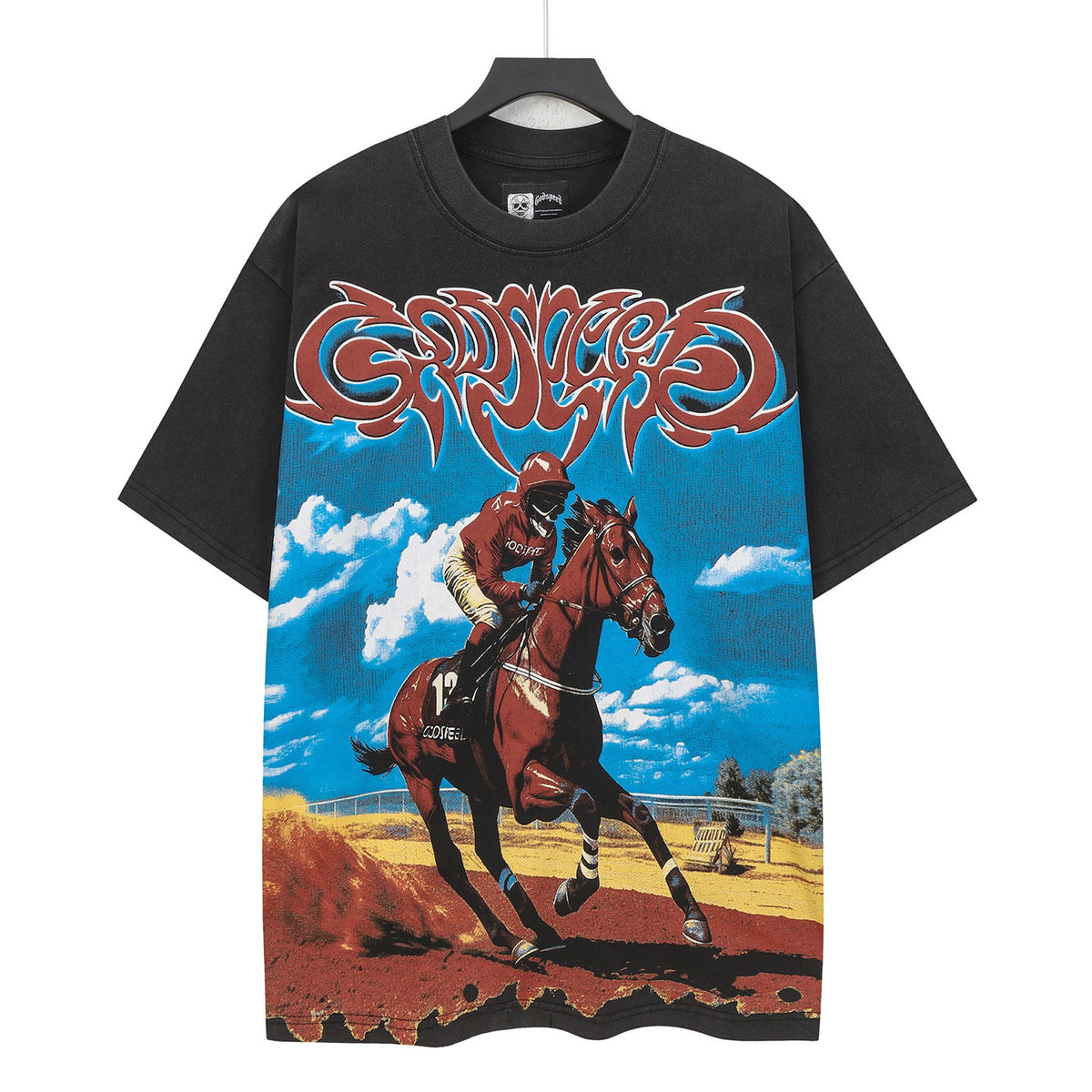 Godspeed Horse‑Racing Jockey Vintage Short‑Sleeve Tee (Washed Black)