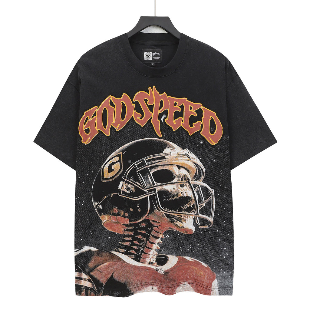 Godspeed Football Skeleton Vintage Short‑Sleeve Tee (Washed Black)