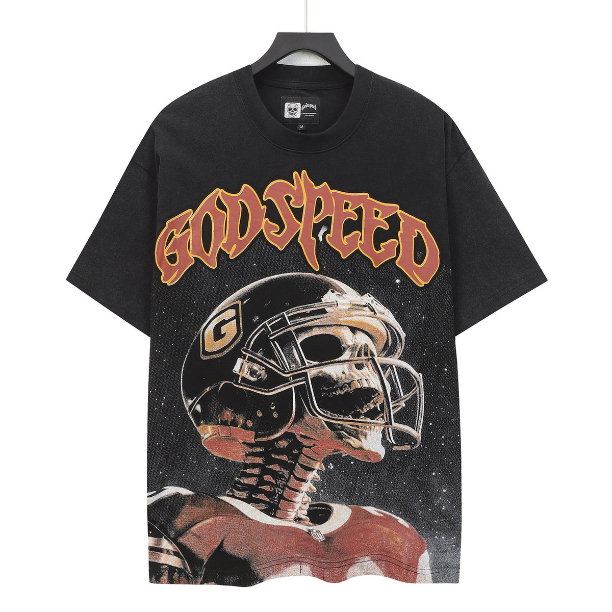 Godspeed Football Skeleton Vintage Short‑Sleeve Tee (Washed Black)