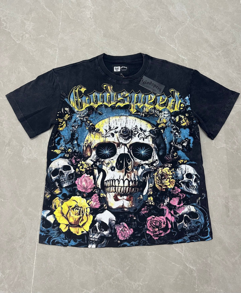 Godspeed Skull Garden Roses Washed Graphic Tee