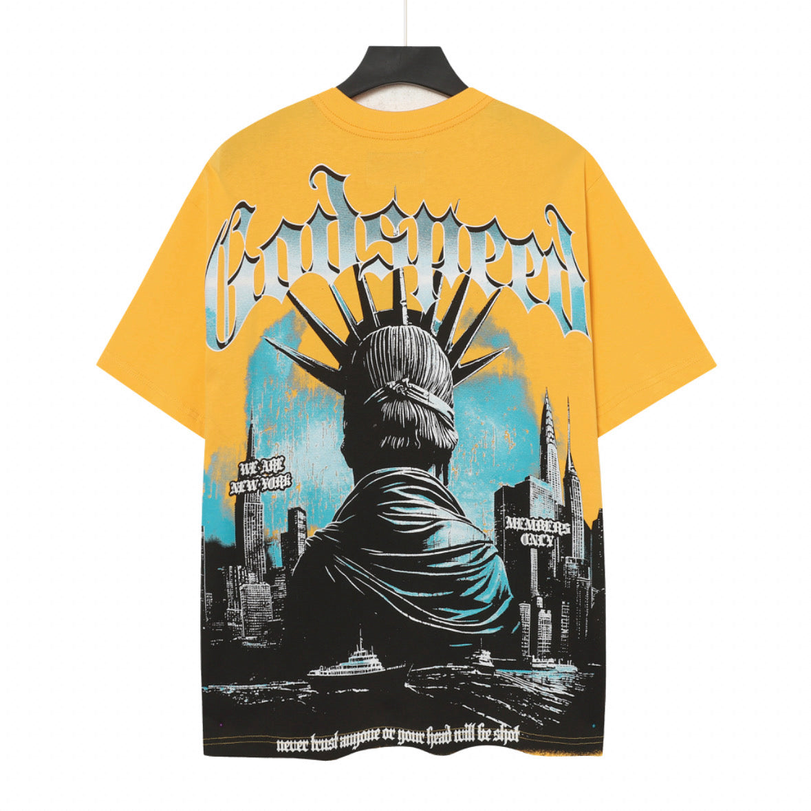 Godspeed Back‑View Statue Of Liberty NYC Short Sleeve Tee (Bright Yellow)