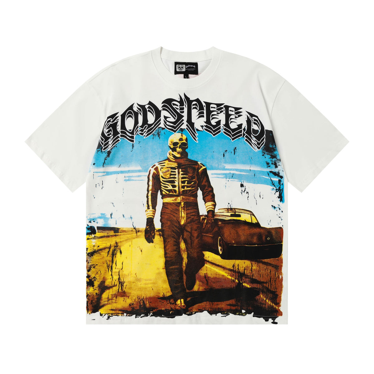 Godspeed Skeleton Race‑Car Driver Short‑Sleeve T‑Shirt (White)
