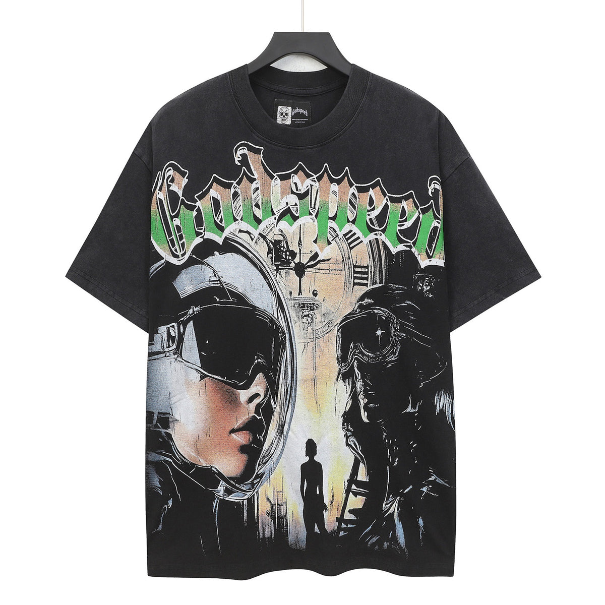 Godspeed Astronaut Time Clock Vintage Short‑Sleeve Tee (Washed Black)