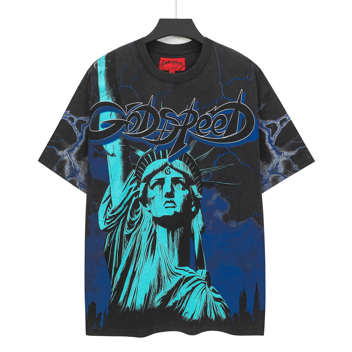 Godspeed Blue Lightning Statue Of Liberty Short Sleeve Tee (Vintage Black)
