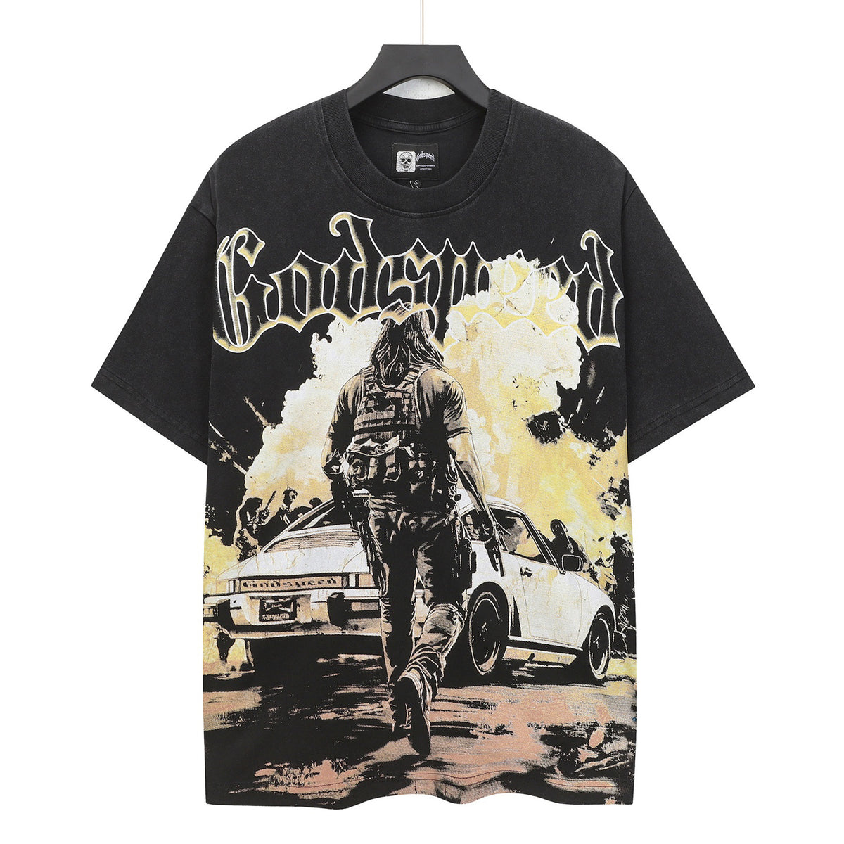 Godspeed Action Scene Retro Car Vintage Short‑Sleeve Tee (Washed Black)