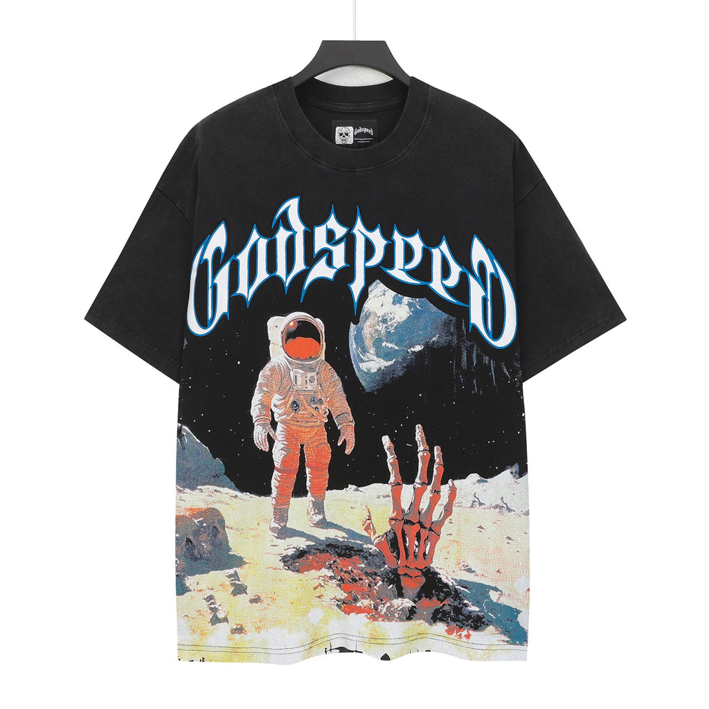 Godspeed Astronaut Skeleton Moon Landing Short Sleeve Tee (Washed Black)