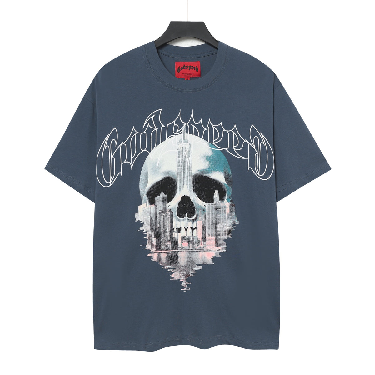 Godspeed NYC Skull Skyline Vintage Graphic Tee (Slate Blue)