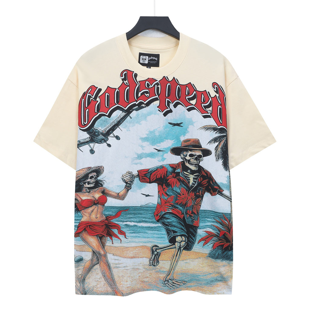Godspeed Beach Couple Skeleton Vacation Short Sleeve Tee (Cream Off‑White)