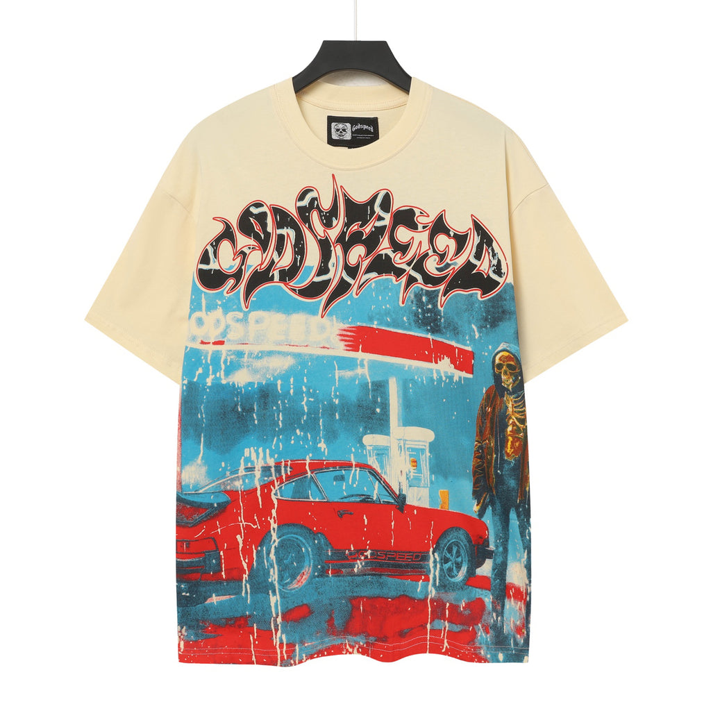 Godspeed Gas Station Classic Car Skeleton Short‑Sleeve T‑Shirt (Cream)