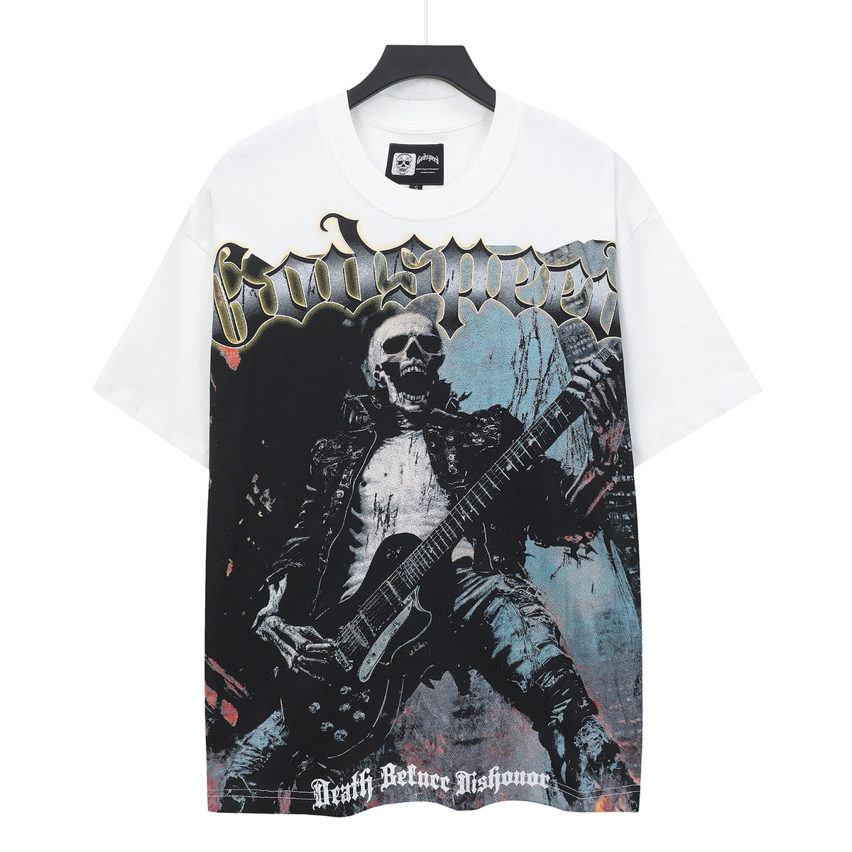 Godspeed Skeleton Rock Guitarist Front‑Back Print Short‑Sleeve Tee (White)