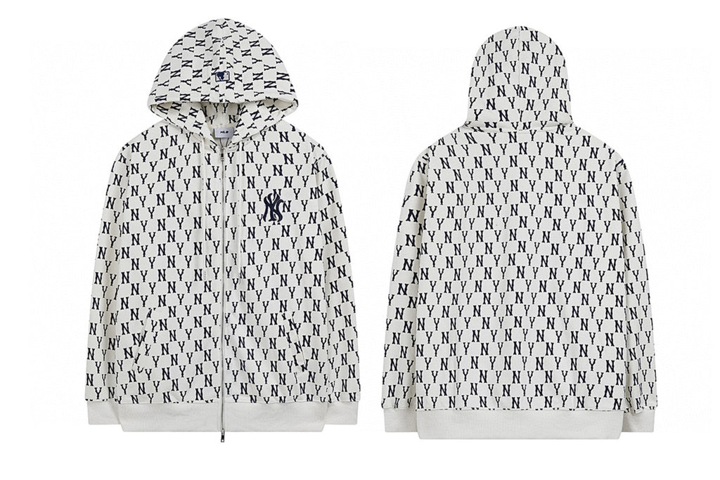 NY Yankees All-Over Monogram Print Zip-Up Hoodie