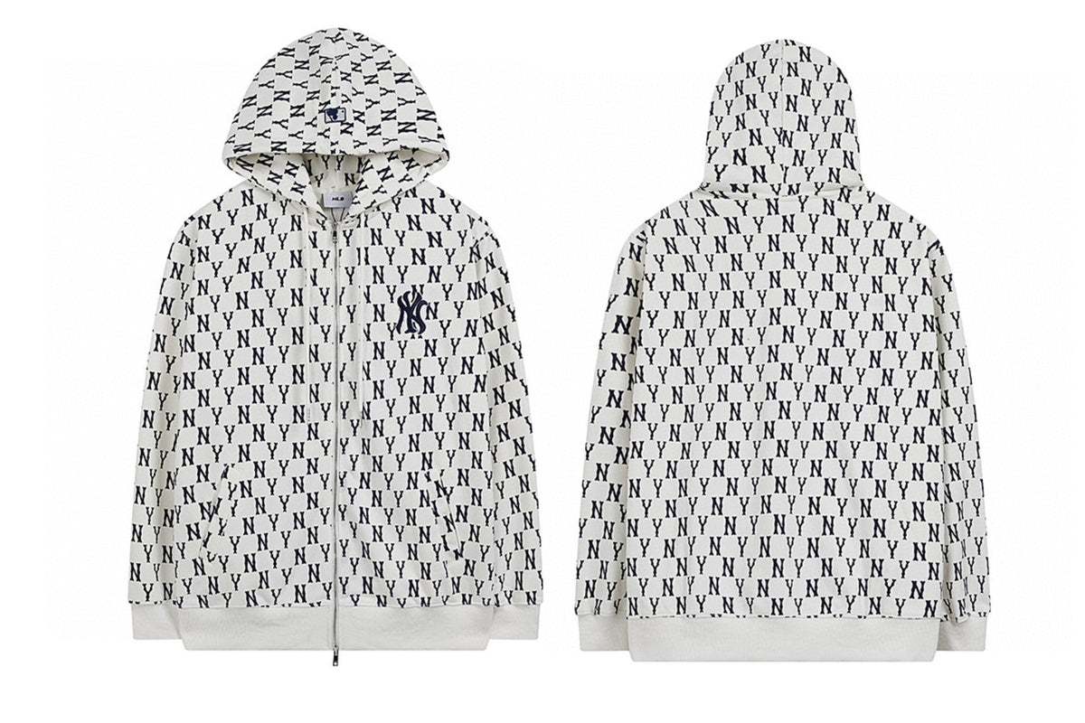 NY Yankees All-Over Monogram Print Zip-Up Hoodie