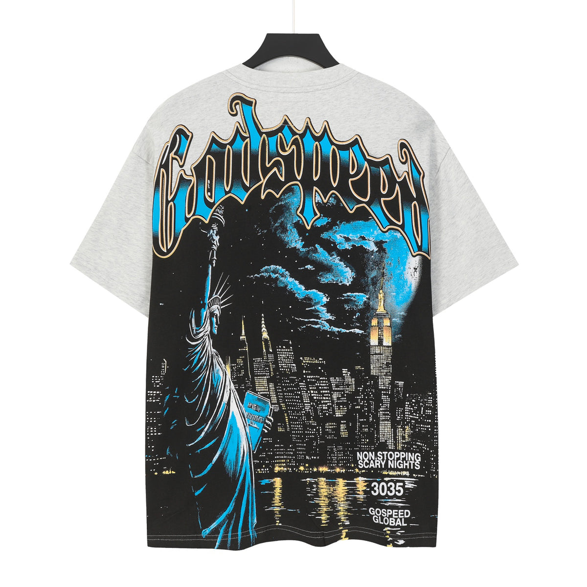 Godspeed Night NYC Statue Of Liberty Back‑Print Short Sleeve Tee (Heather Grey)