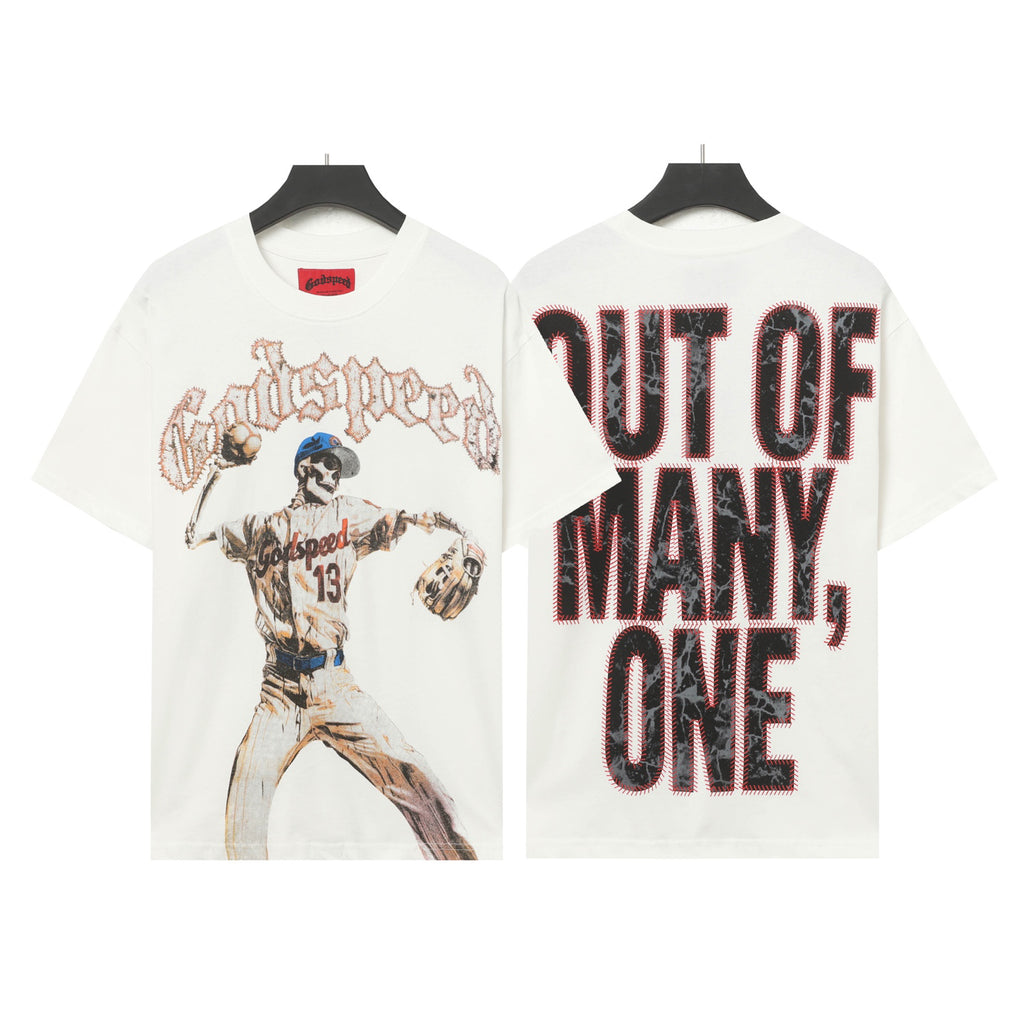 Godspeed Skeleton Baseball Pitcher "Out Of Many, One" Double‑Sided Graphic T‑Shirt