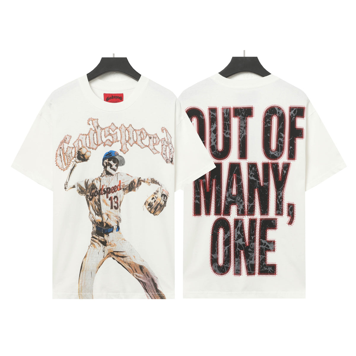 Godspeed Skeleton Baseball Pitcher "Out Of Many, One" Double‑Sided Graphic T‑Shirt