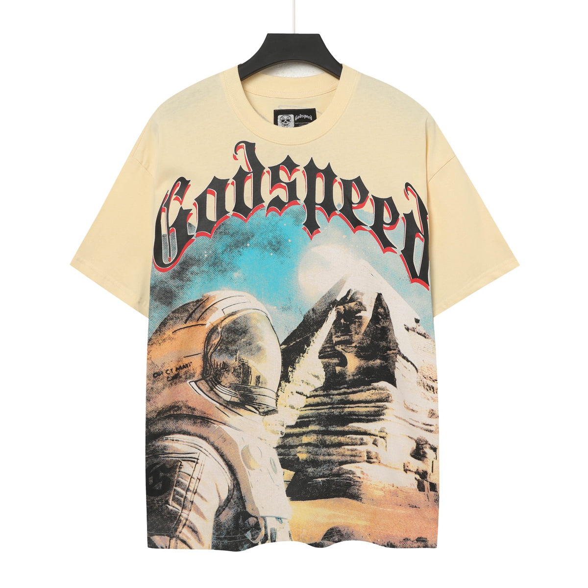 Godspeed Astronaut & Egyptian Pyramid Vintage Short‑Sleeve Tee (Cream Yellow)