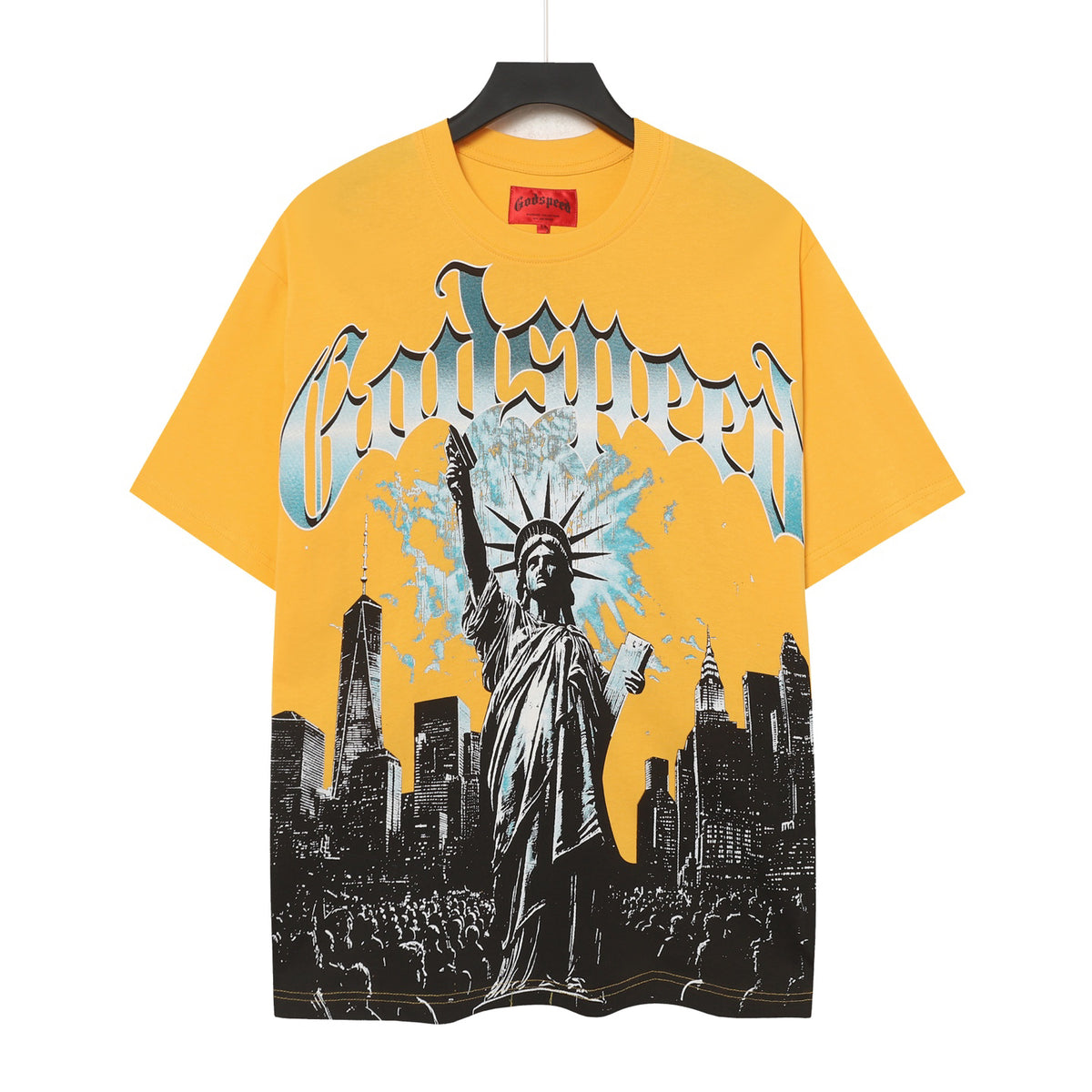 Godspeed Back‑View Statue Of Liberty NYC Short Sleeve Tee (Bright Yellow)