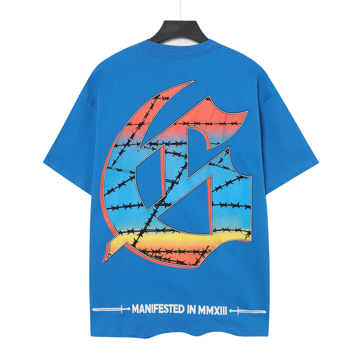 Godspeed Skeleton Skateboard City Graphic T‑Shirt (Bright Blue)