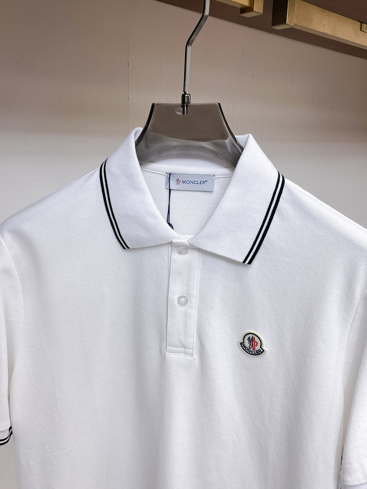 Moncler Striped‑Trim Short‑Sleeve Polo Shirt (White)