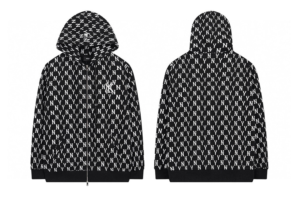 NY Yankees All-Over Monogram Print Zip-Up Hoodie