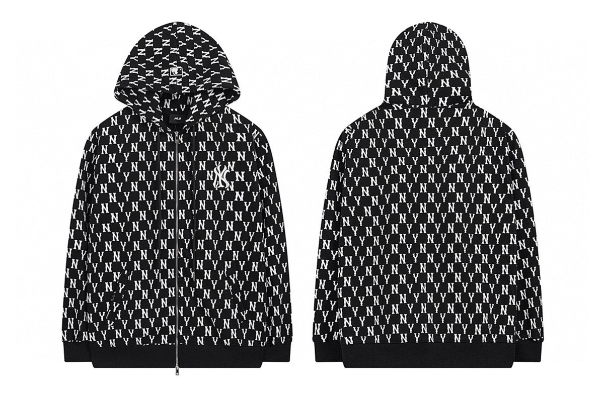 NY Yankees All-Over Monogram Print Zip-Up Hoodie