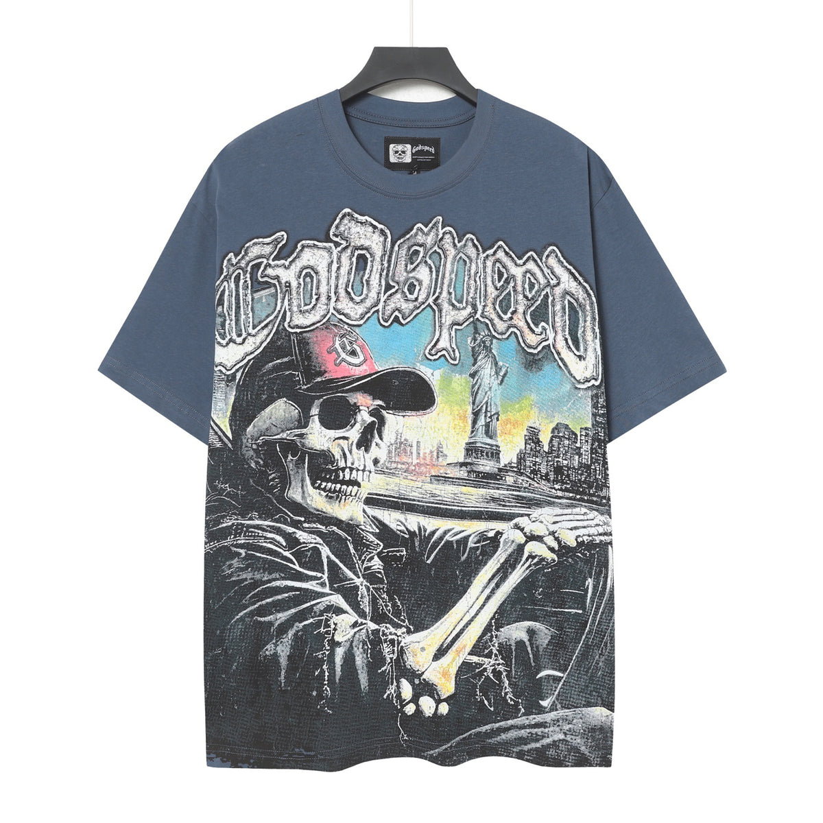 Godspeed Skeleton Driving NYC Double‑Sided Short Sleeve Tee (Slate Blue / Cream Yellow)