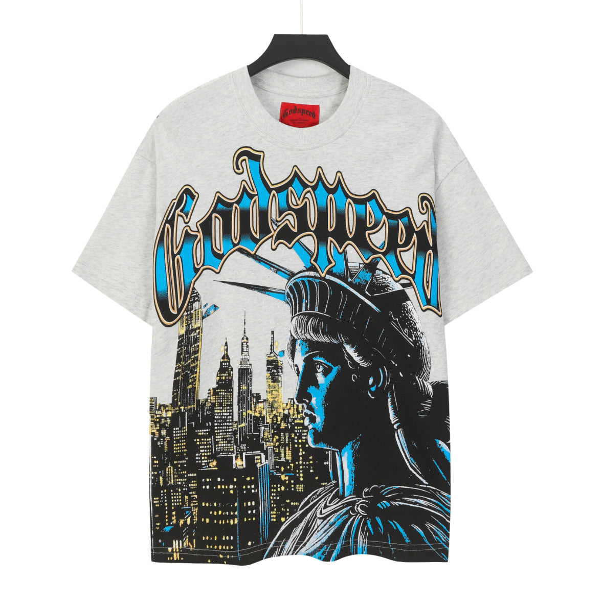 Godspeed Night NYC Statue Of Liberty Back‑Print Short Sleeve Tee (Heather Grey)
