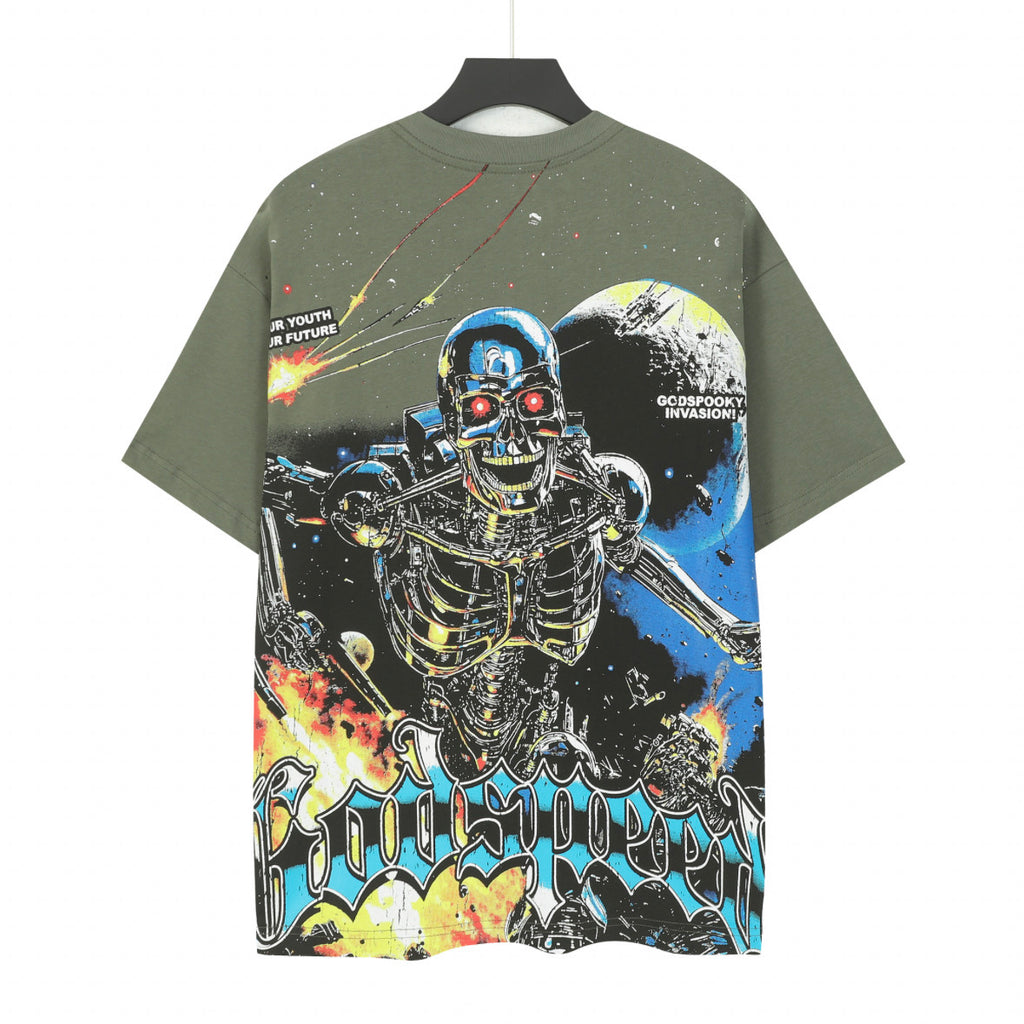 Godspeed Terminator Robot Skeleton Space Short Sleeve Tee (Olive Green)