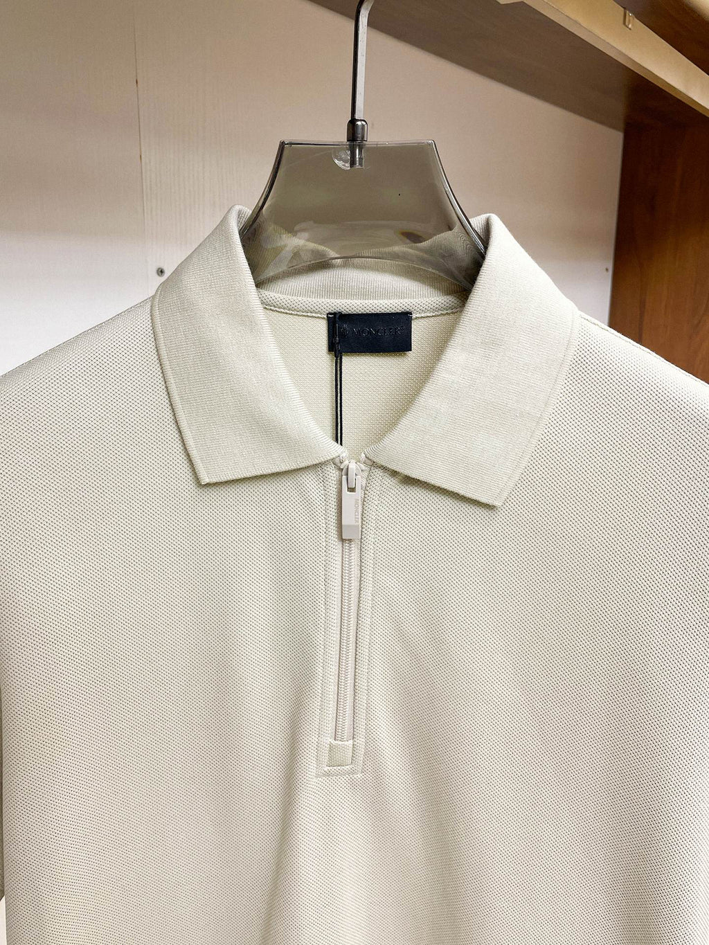 Moncler Zip‑Up Short‑Sleeve Polo Shirt (Cream)