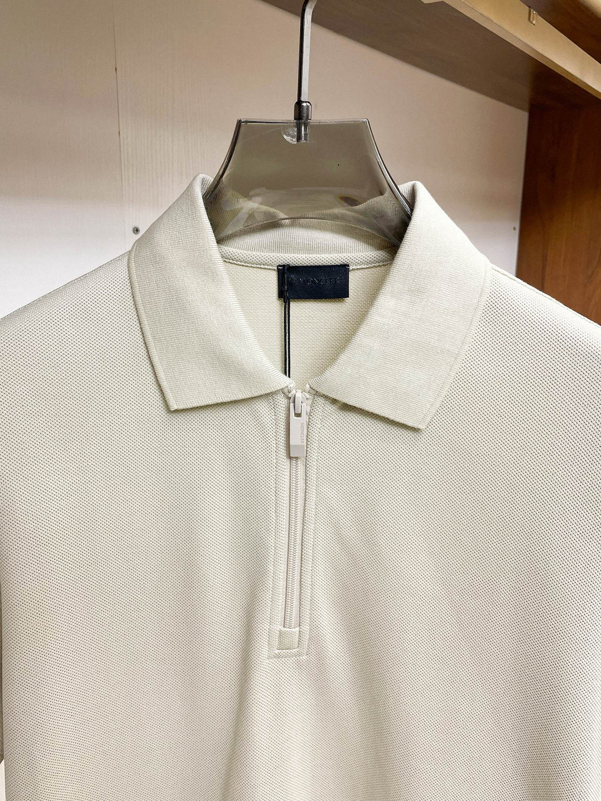 Moncler Zip‑Up Short‑Sleeve Polo Shirt (Cream)