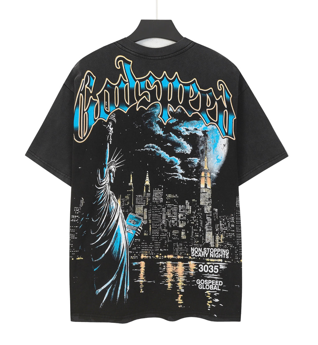 Godspeed Statue Of Liberty New York City Short Sleeve Tee (Washed Black)