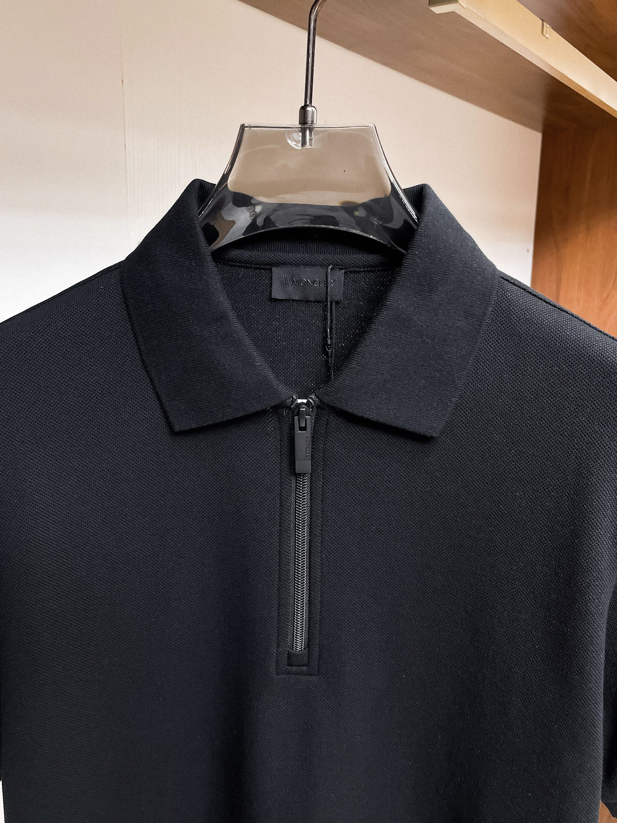 Moncler Zip‑Up Short‑Sleeve Polo Shirt (Black)