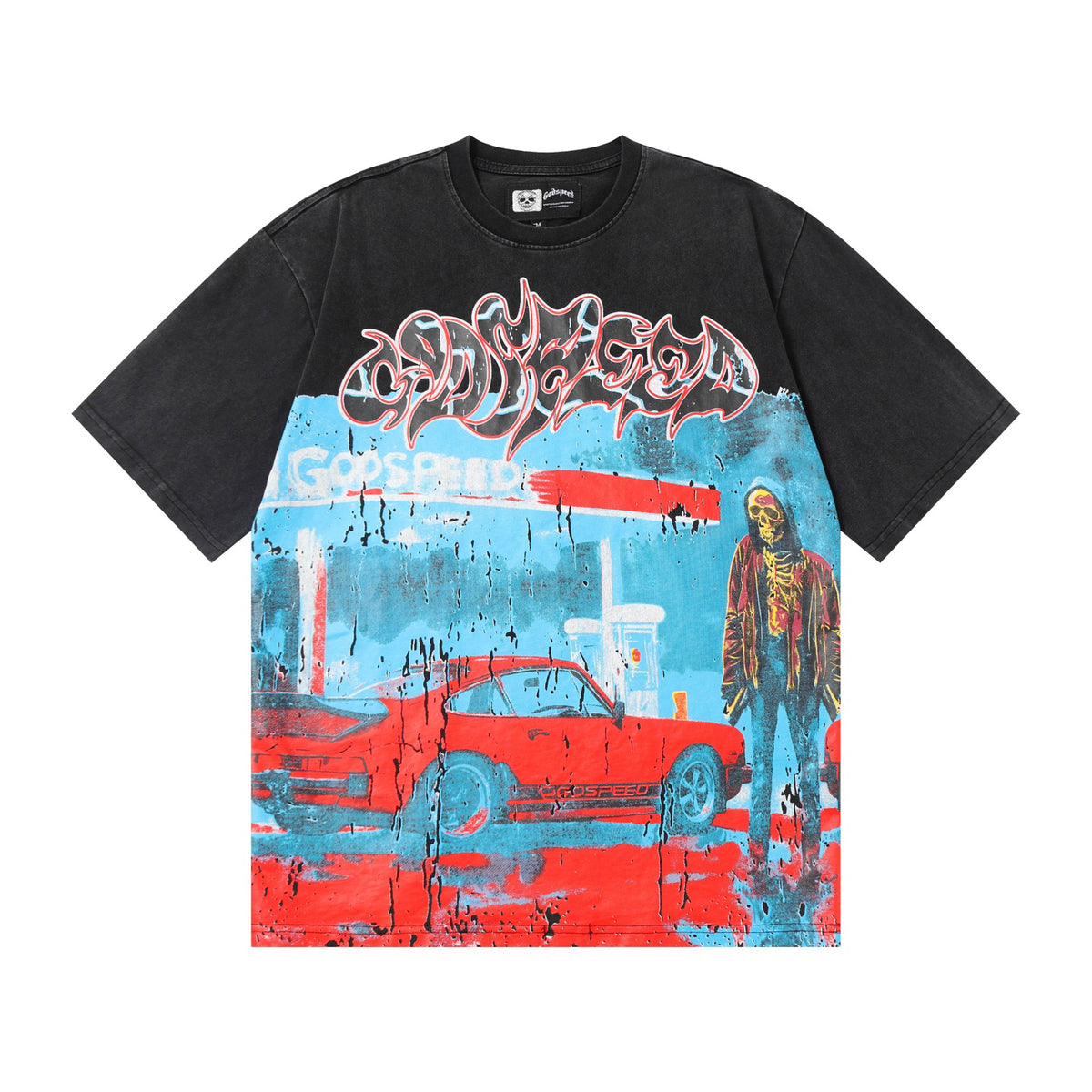 Godspeed Gas Station Porsche Skeleton Graphic T‑Shirt (Washed Black)