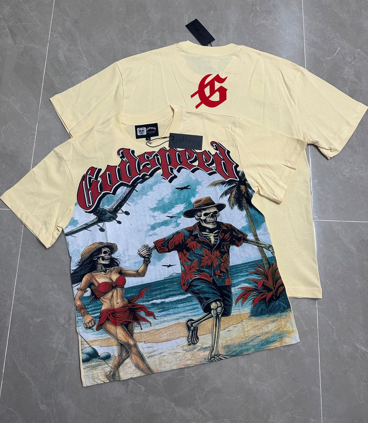 Godspeed Beach Couple Skeleton Vacation Short Sleeve Tee (Cream Off‑White)