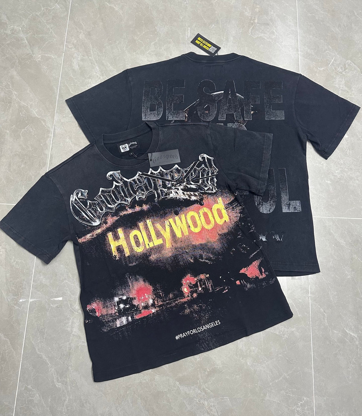 Godspeed Hollywood Pray For Los‑Angeles Vintage Short‑Sleeve Tee (Washed Black)