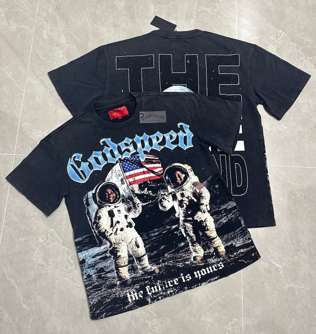 Godspeed Moon Landing Astronauts Vintage Wash Short‑Sleeve Tee (Washed Black)