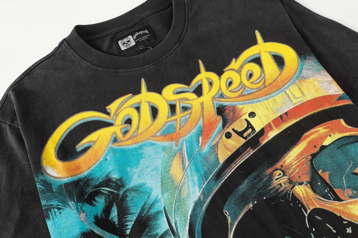 Godspeed Skull F1 Race Car Racer Short Sleeve Tee (Washed Black)