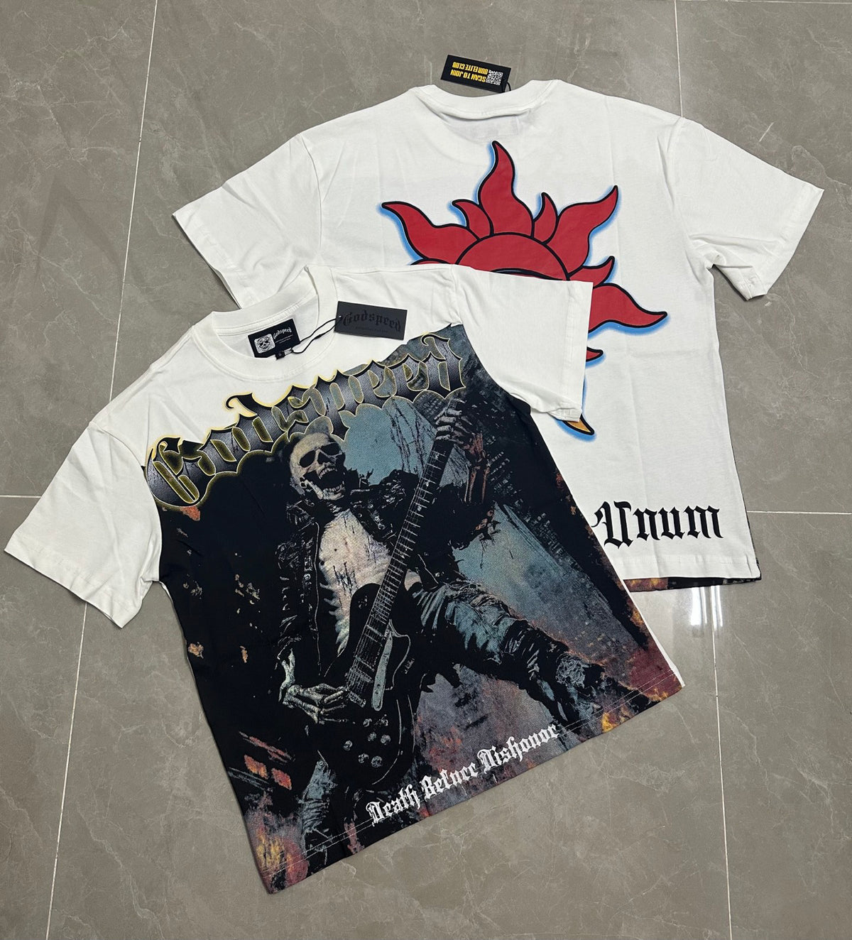 Godspeed Skeleton Rock Guitarist Front‑Back Print Short‑Sleeve Tee (White)