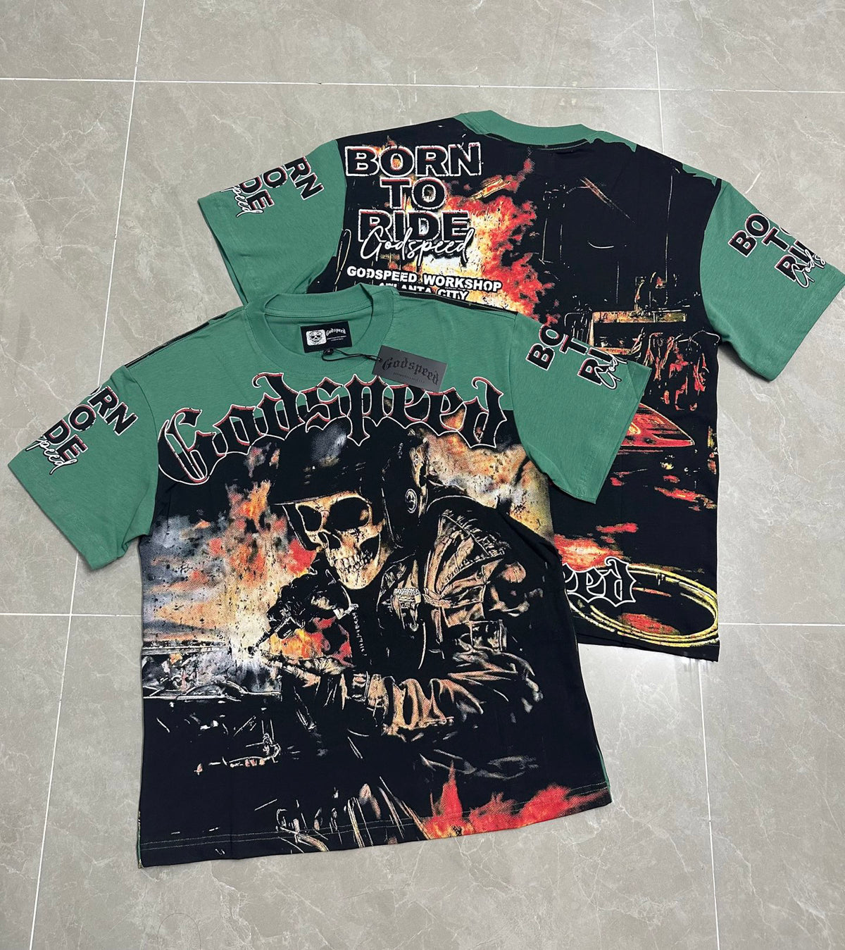 Godspeed Skeleton Biker Vintage Short‑Sleeve Tee (Green)