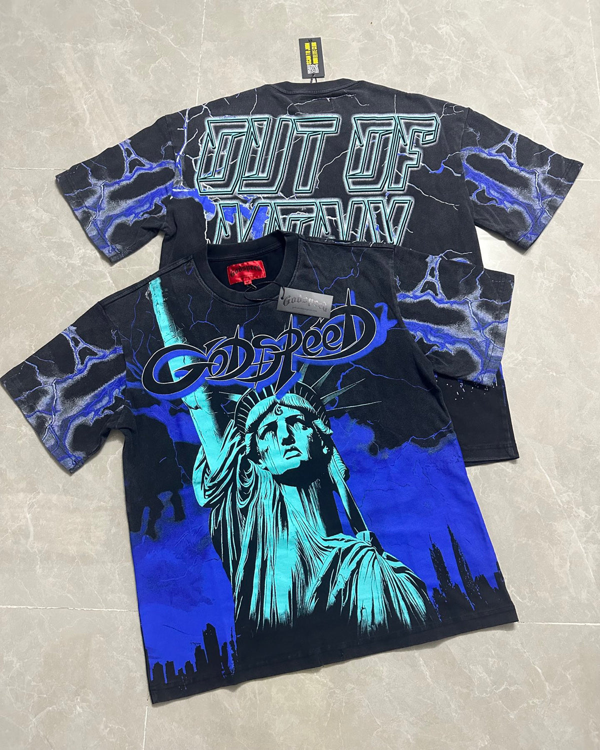 Godspeed Blue Lightning Statue Of Liberty Short Sleeve Tee (Vintage Black)