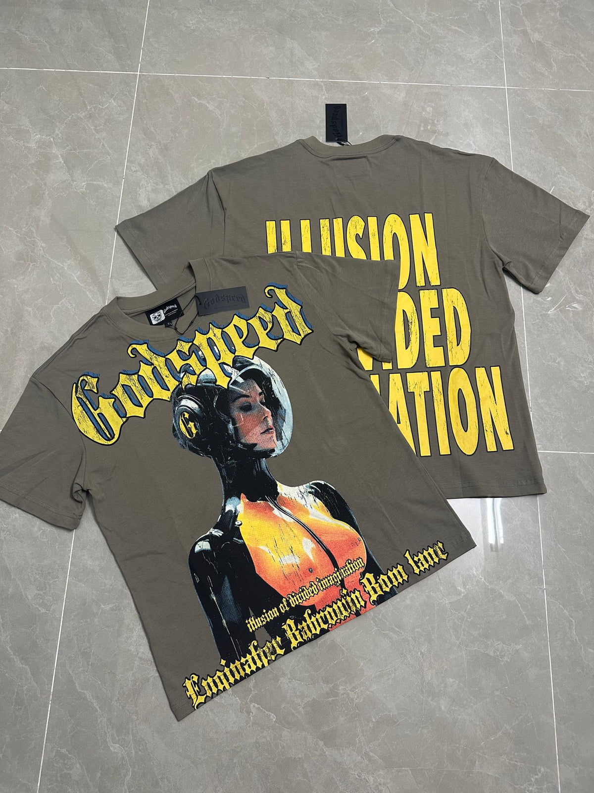 Godspeed Retro Female Astronaut Sci‑Fi Short Sleeve Tee (Olive Green)