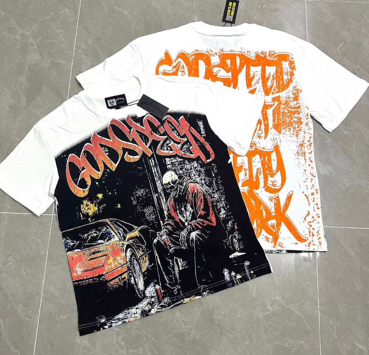 Godspeed Urban Skeleton Night Car Vintage Short‑Sleeve Tee (White)