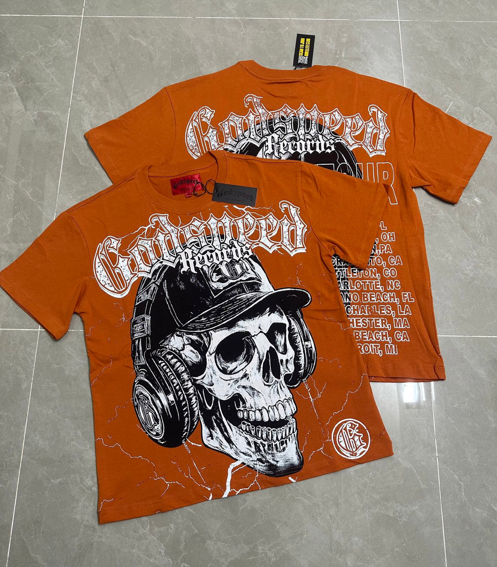 Godspeed Records Headphone Skull Short Sleeve Tee (Rust Orange)