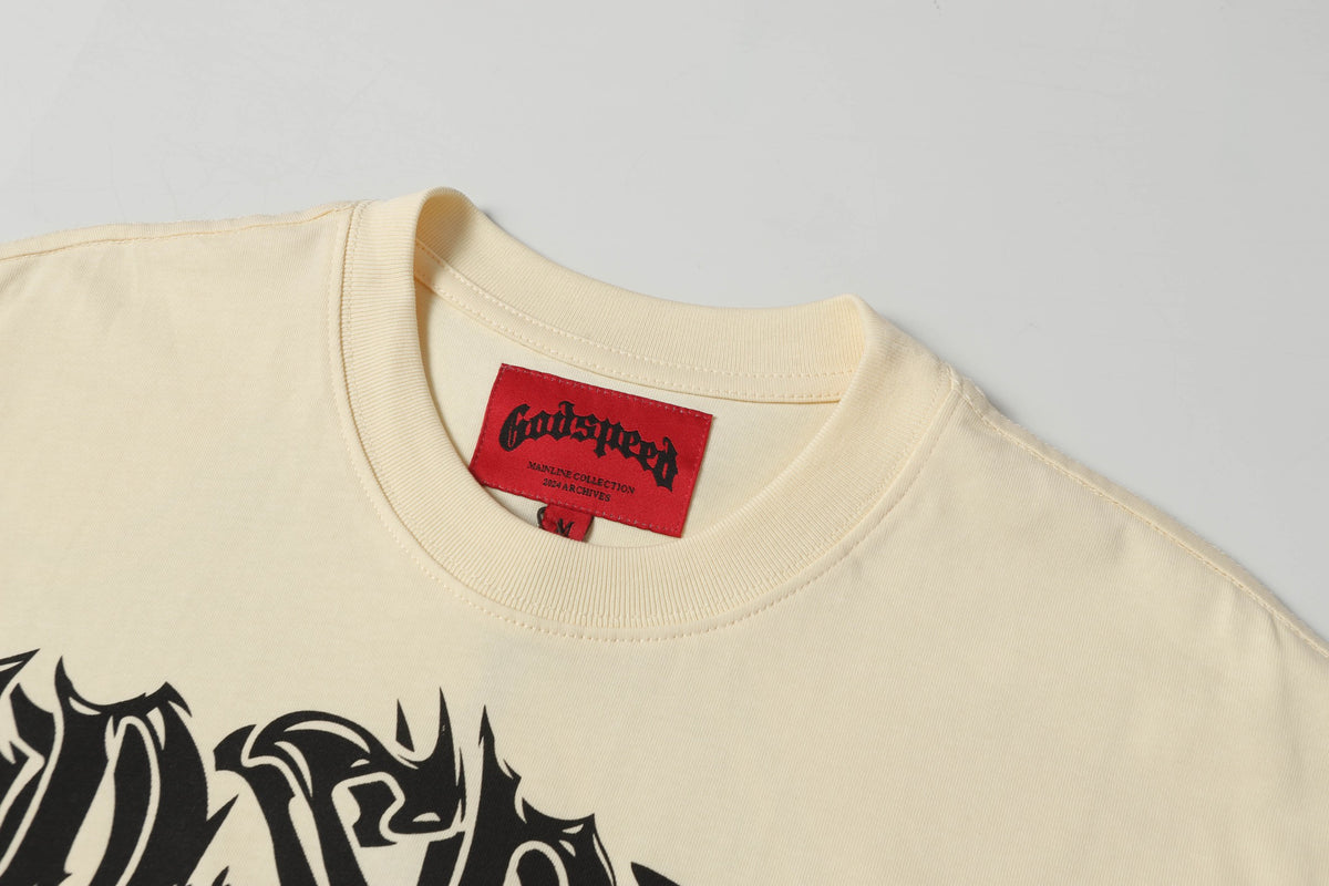 Godspeed Rock Skeleton Mountain Short‑Sleeve T‑Shirt (Cream)