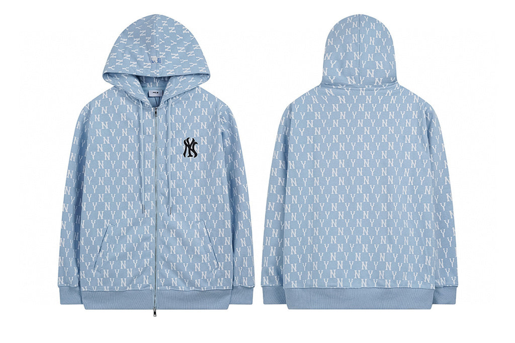 NY Yankees All-Over Monogram Print Zip-Up Hoodie